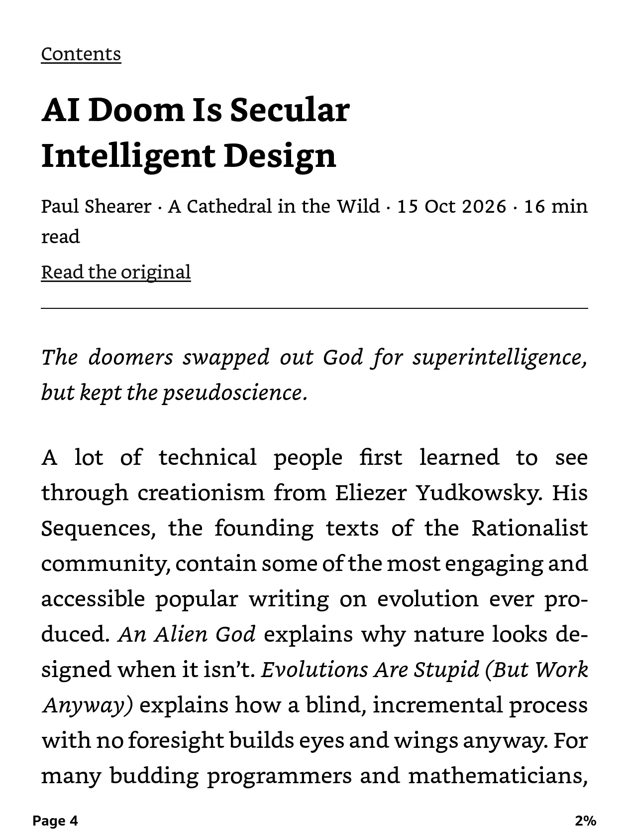 An article's first page on the Kindle: title, author, source, reading time, a link to the original, and the opening paragraphs