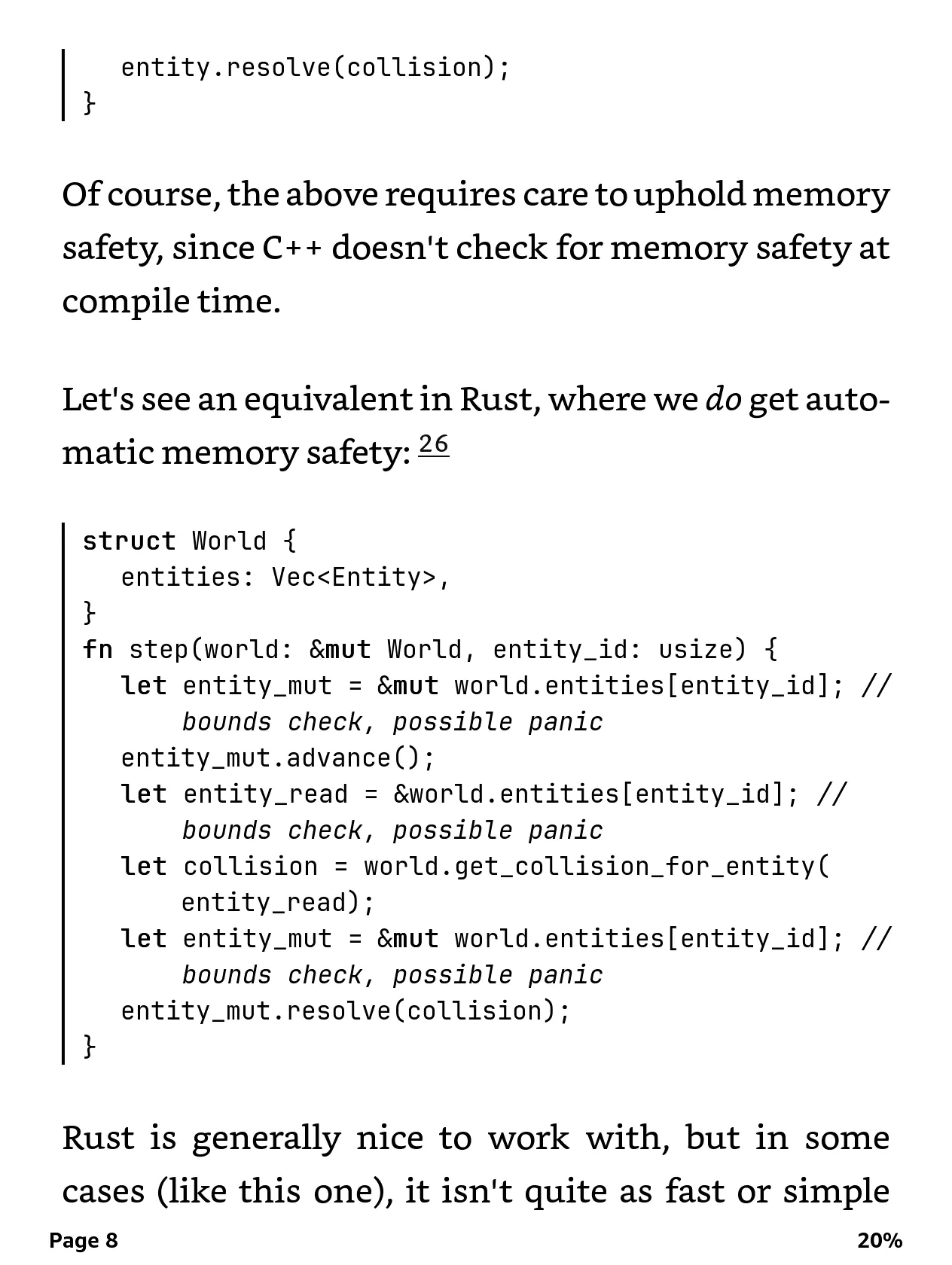 A page mixing prose and Rust code on the Kindle, long lines wrapped under their own indent