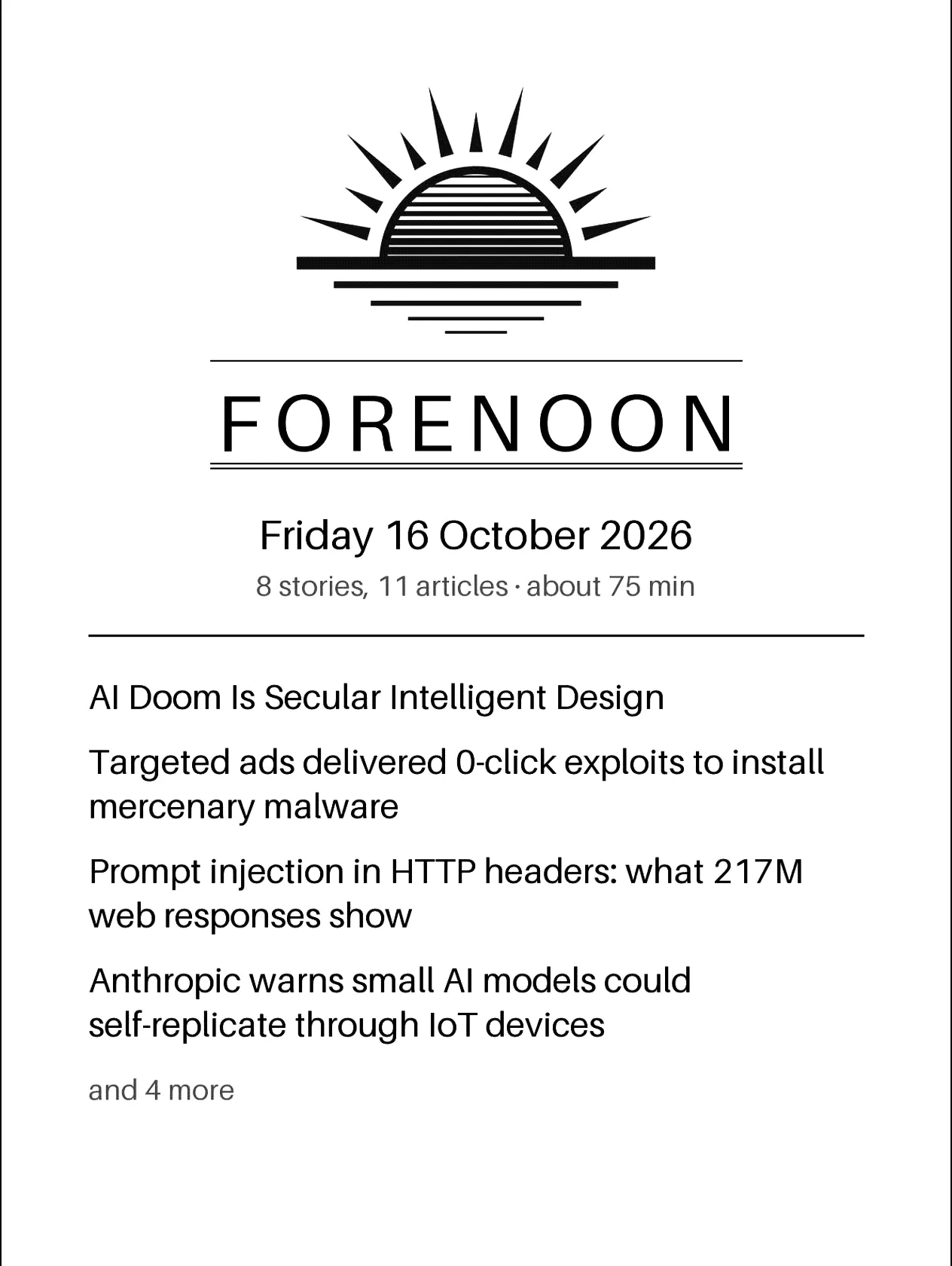 The issue's cover on a Kindle: the Forenoon sun, Friday 16 October 2026, 8 stories, 11 articles, about 75 minutes, and the first headlines